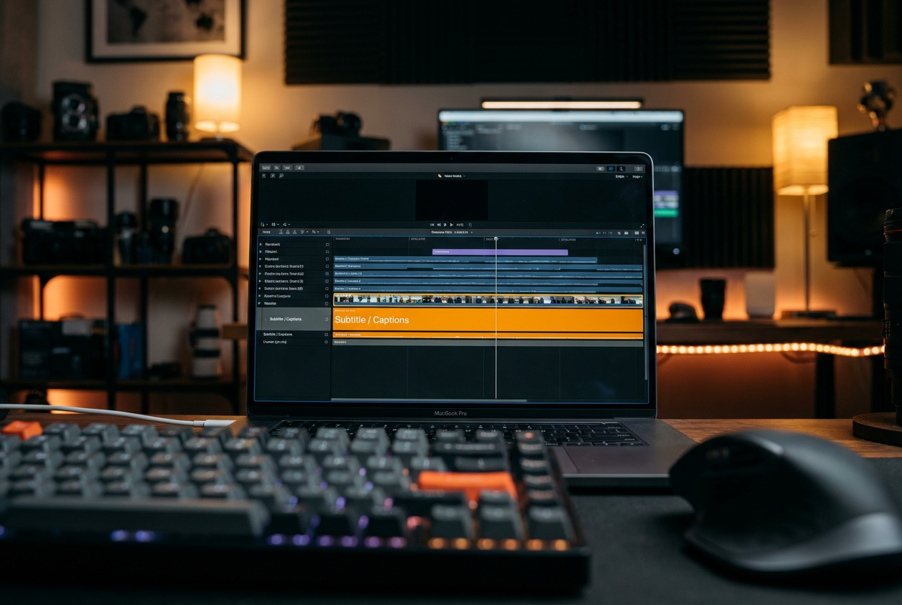 Detalle de la pantalla de un MacBook Pro resaltando la pista de subtítulos en un software de edición de vídeo.
