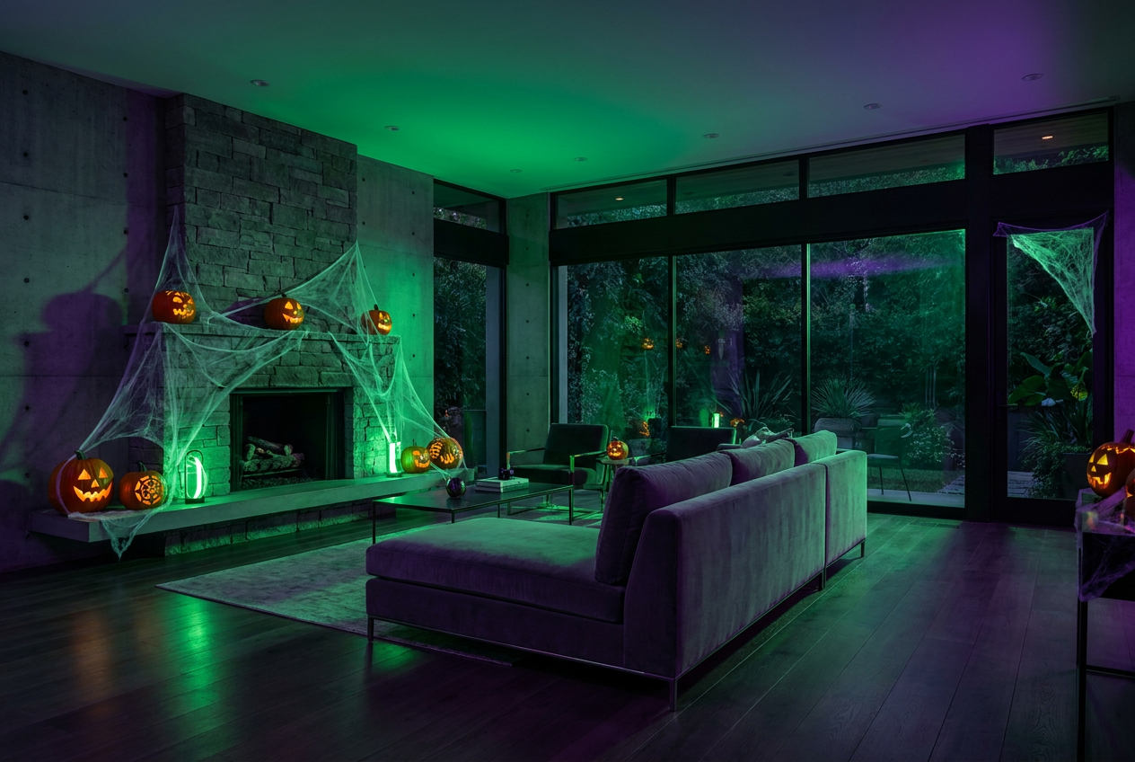 Salón moderno con iluminación inteligente en colores verde tóxico y morado profundo para Halloween.