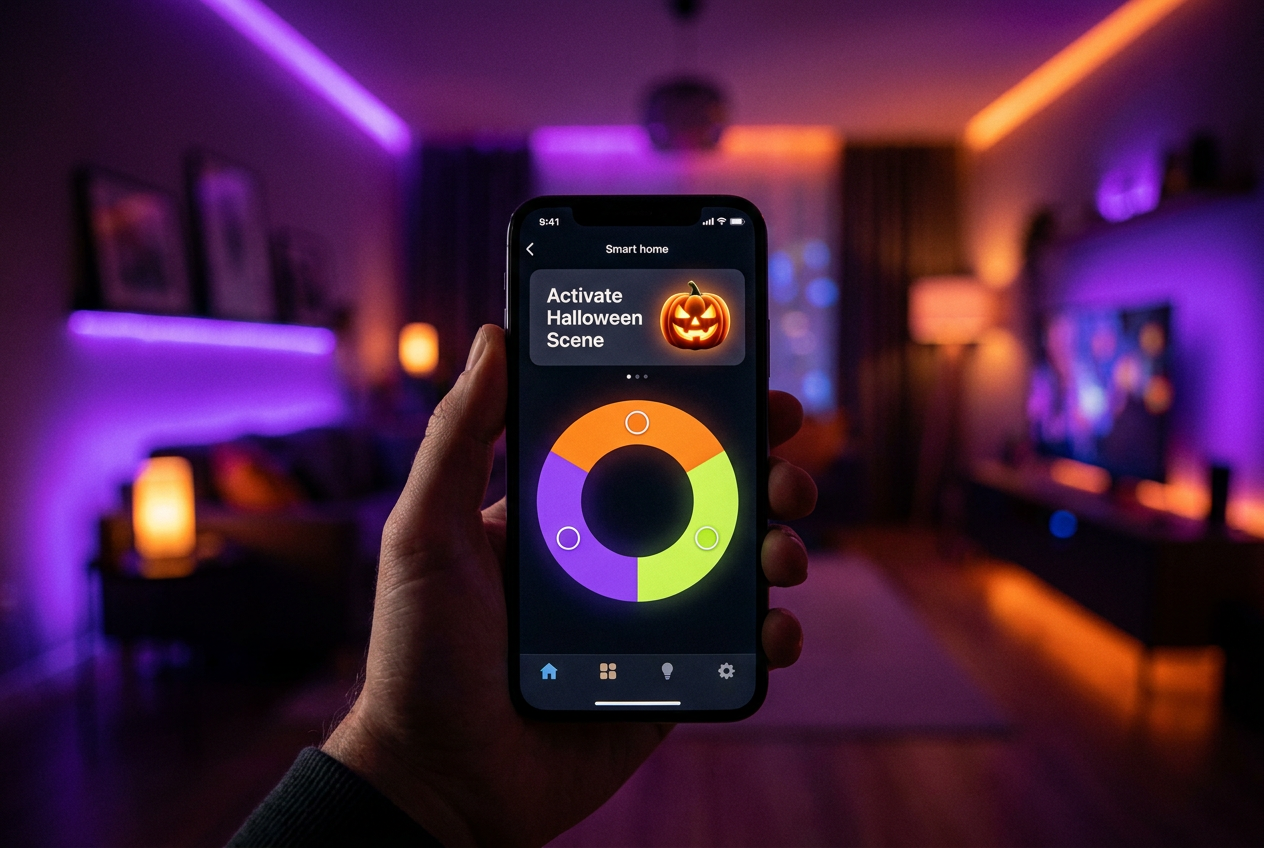 Mano sosteniendo un smartphone activando una escena de Halloween en una app de domótica.