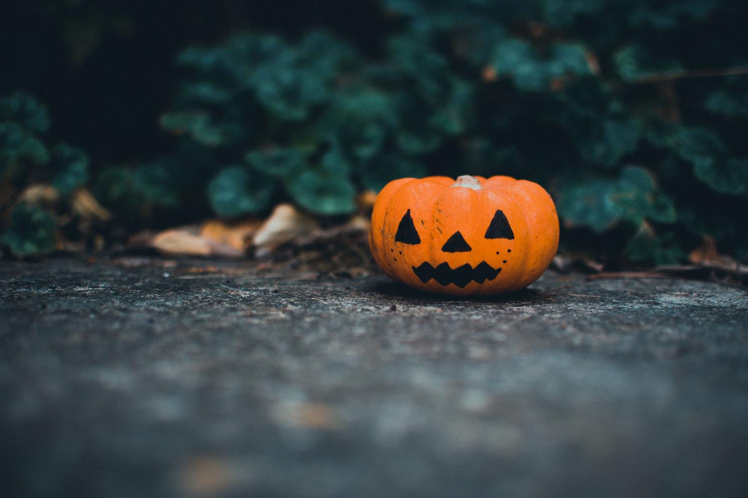 Fotografía atmosférica de una pequeña calabaza iluminada sobre el suelo, ejemplo perfecto de imagen para un fondo de pantalla espeluznante.
