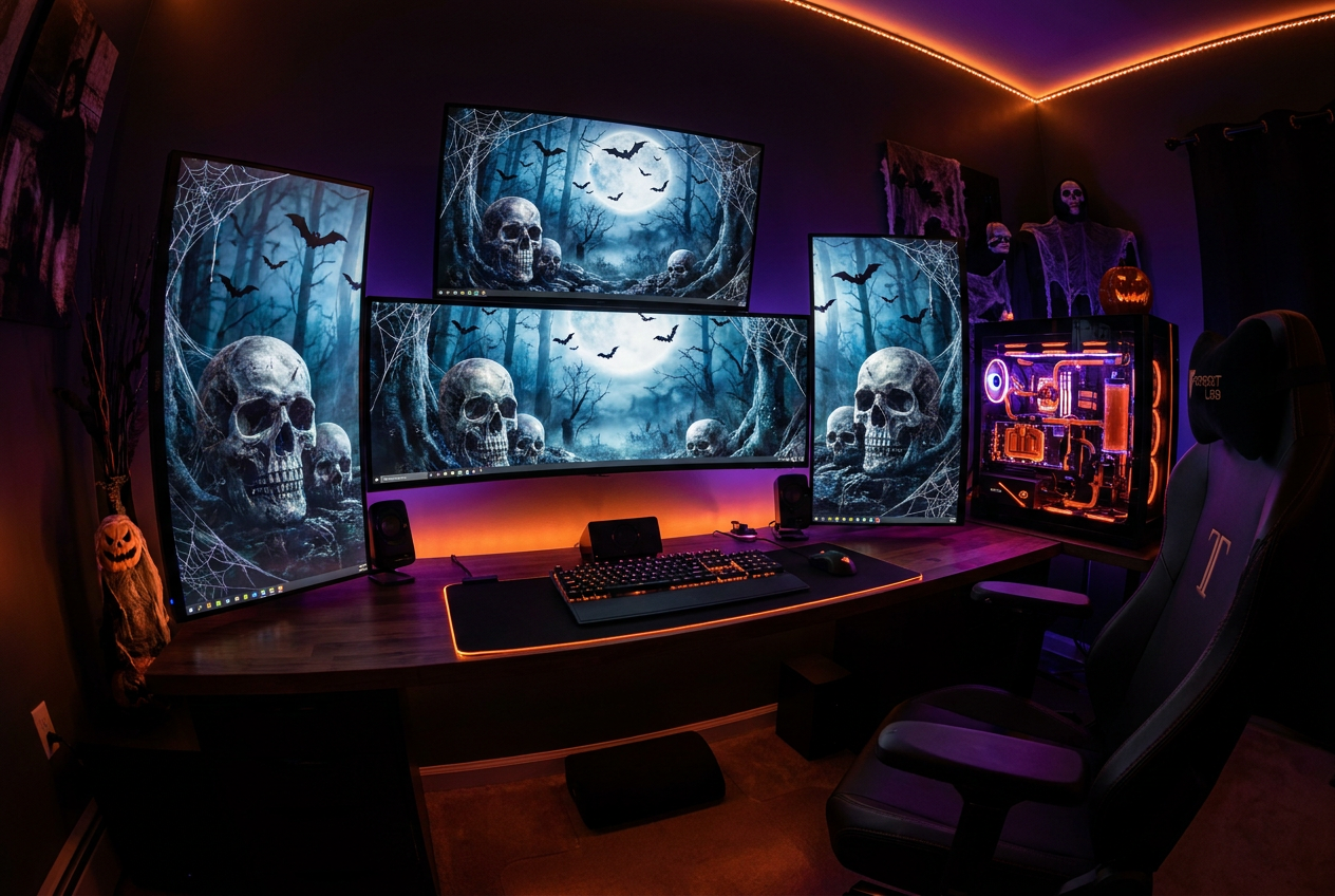 Setup gamer con múltiples monitores mostrando un tema coordinado de Halloween en tonos naranja y púrpura.