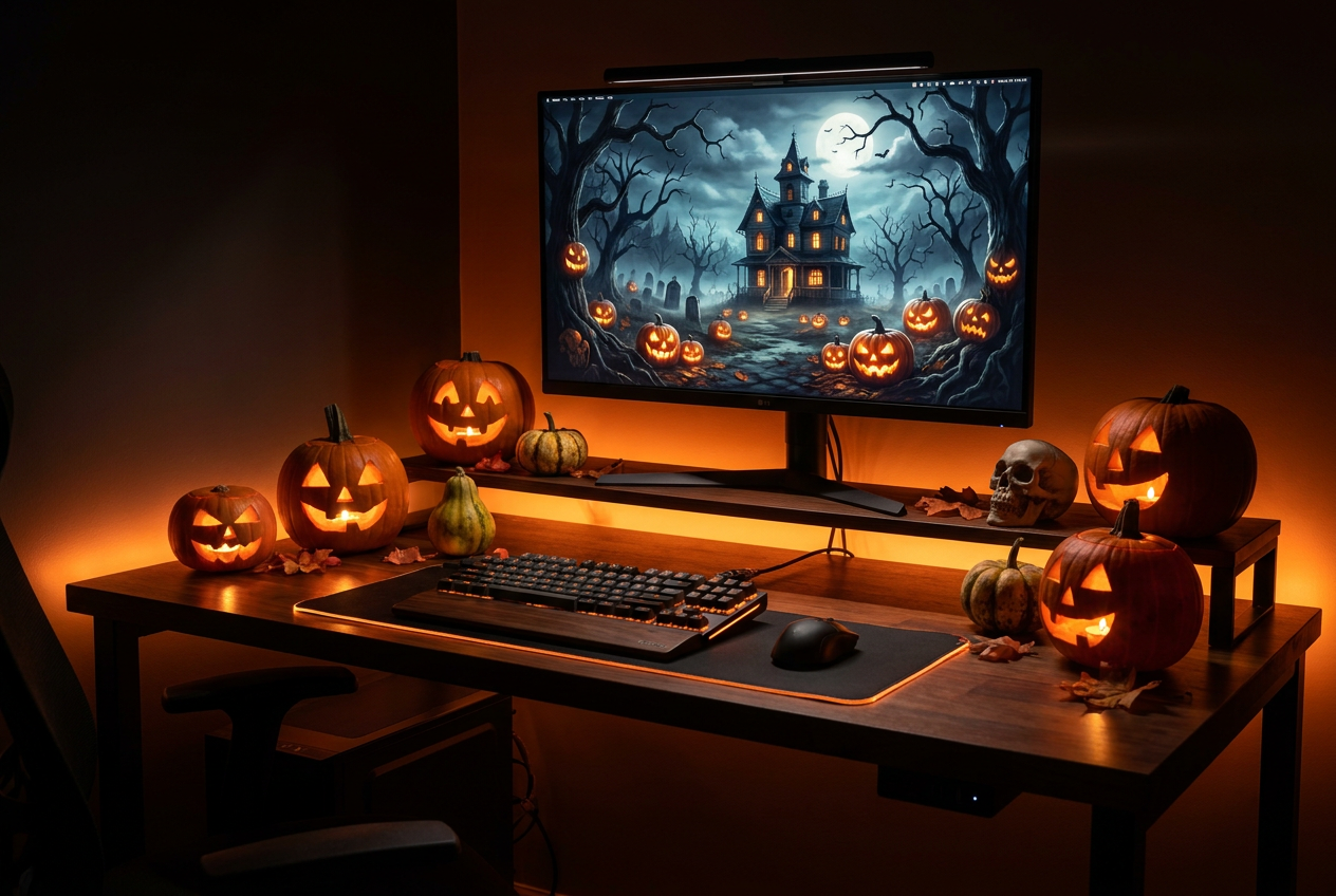 Configuración de escritorio de Windows 11 con un salvapantallas tenebroso de Halloween con casas encantadas y calabazas.
