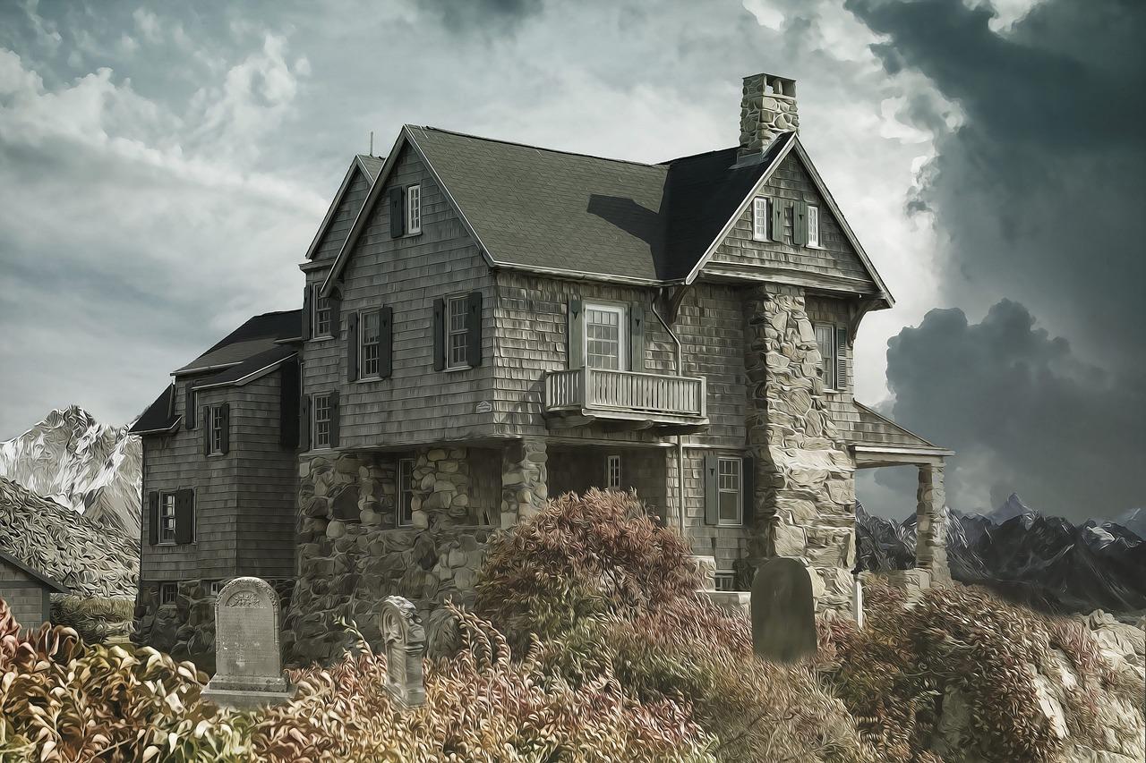 Casa gótica antigua y oscura con lápidas en el primer plano, creando una atmósfera de terror y misterio. Casa gótica antigua y oscura con lápidas en el primer plano, creando una atmósfera de terror y misterio.