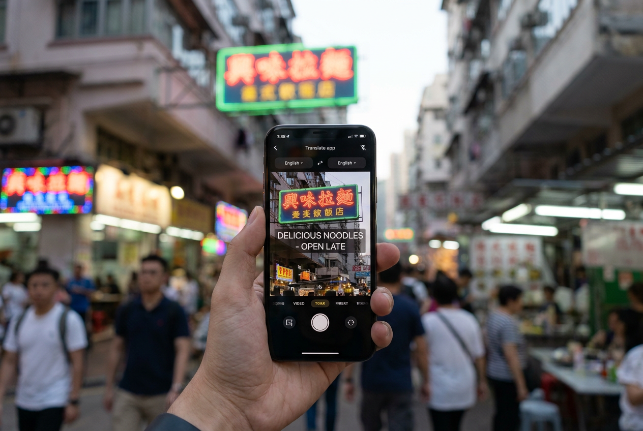 Smartphone en una calle asiática traduciendo un cartel luminoso en tiempo real mediante una superposición digital.