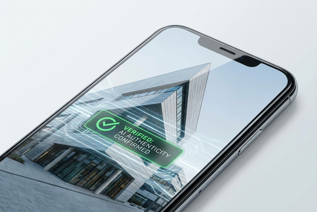Pantalla de smartphone mostrando la verificación de autenticidad de una imagen mediante IA con un sello de 'Verificado'.