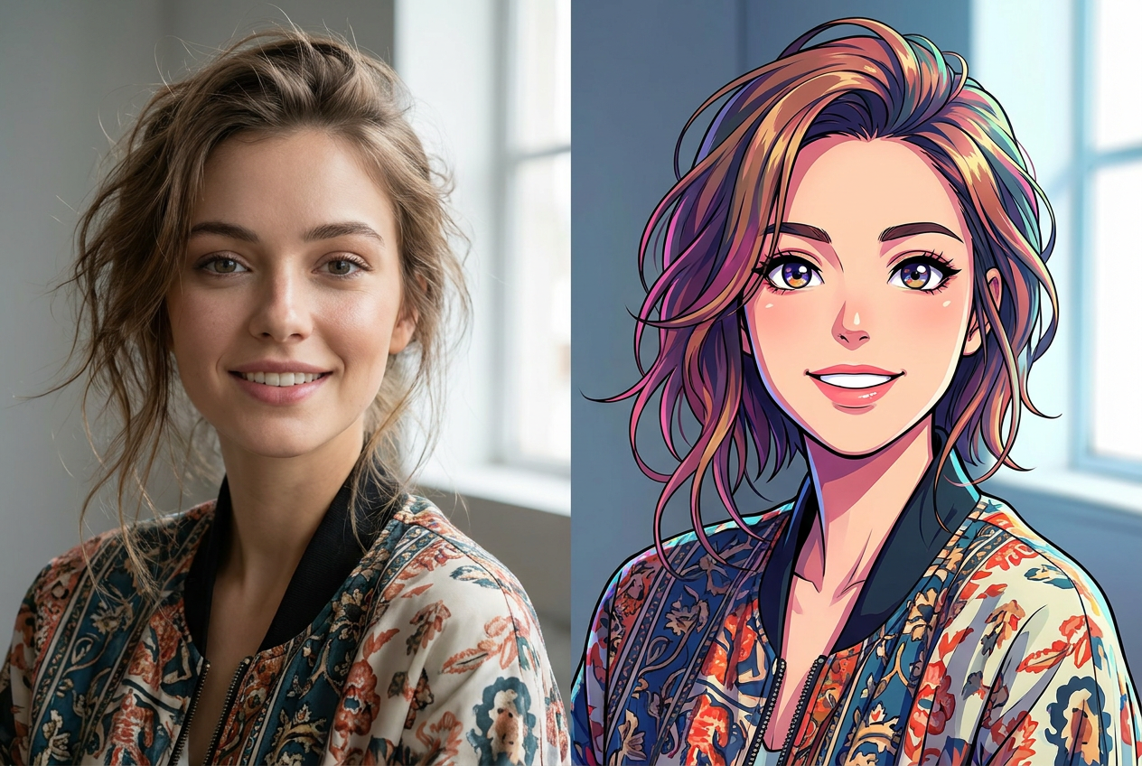 Comparativa entre un retrato realista y su versión transformada en estilo anime japonés mediante IA