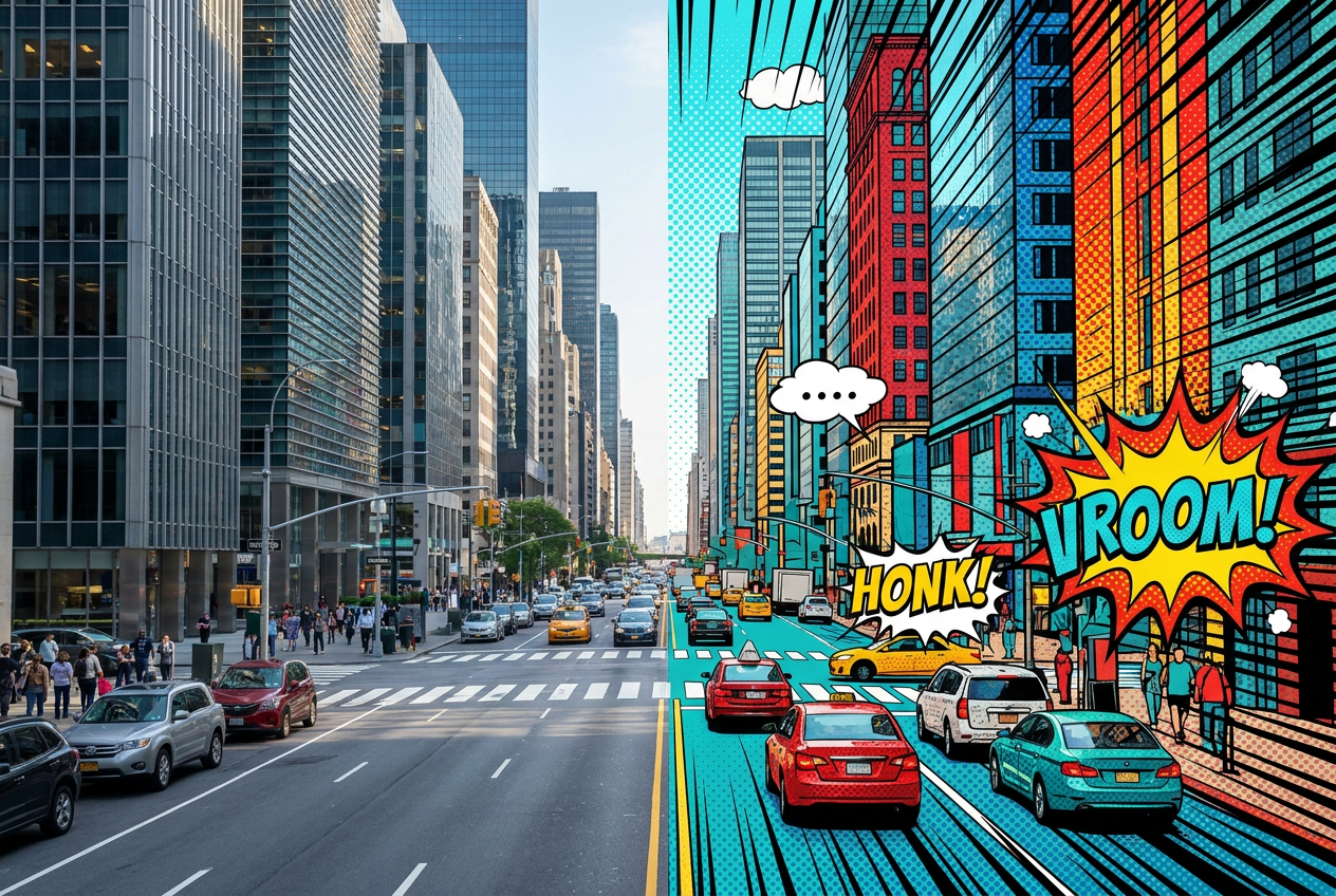 Comparativa de una calle urbana real transformada en una ilustración de cómic con colores pop-art