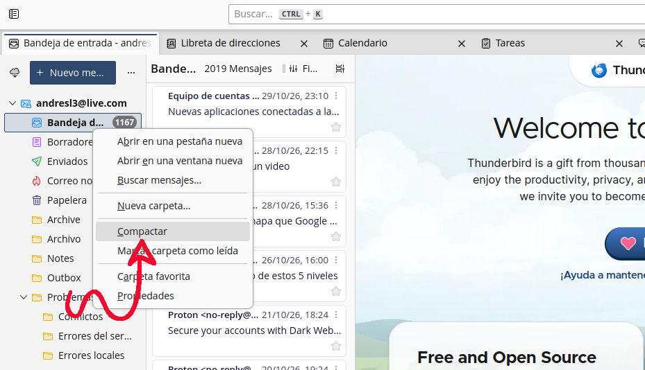 Compactar correos en Thunderbird