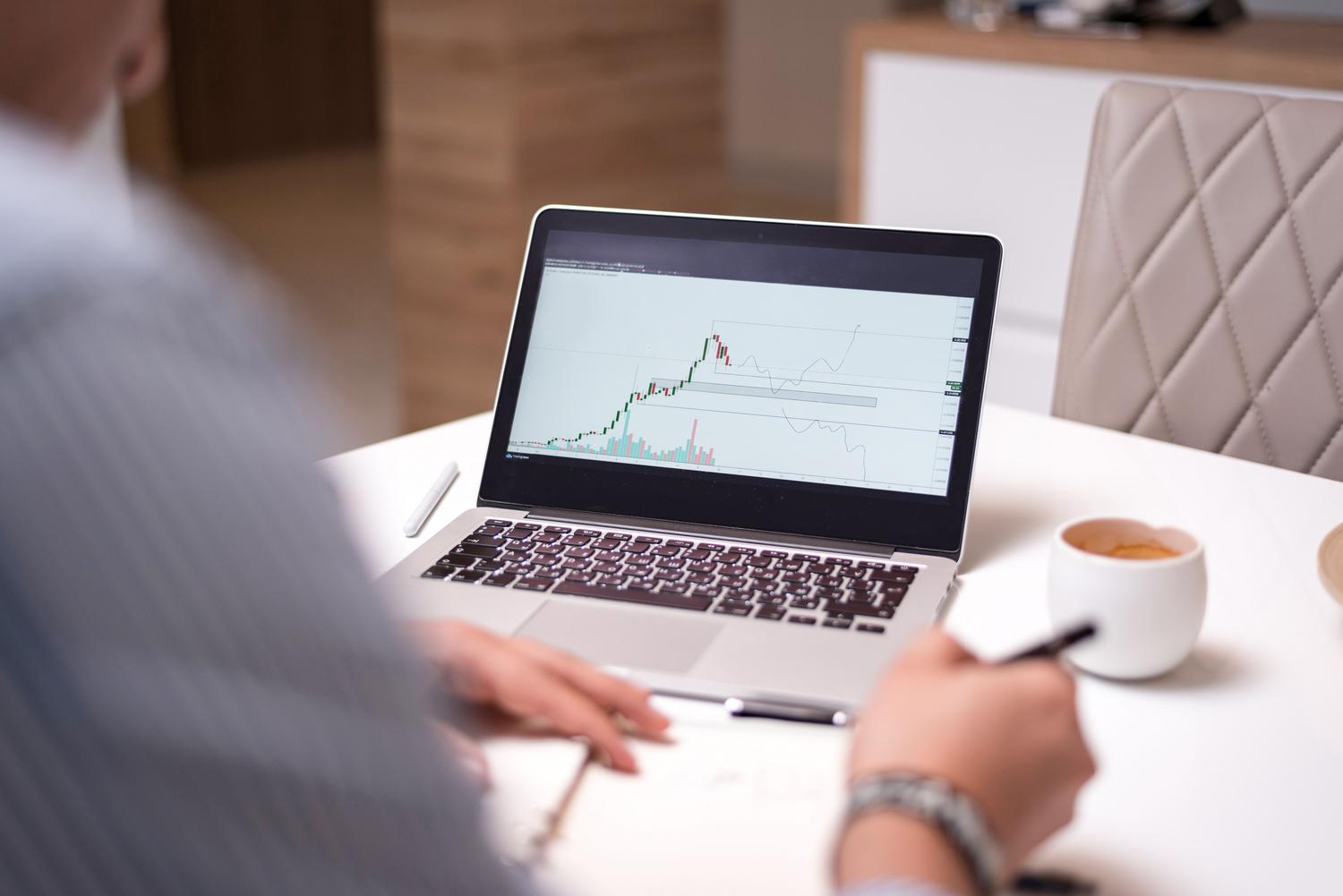 Man working from home analyzing financial data on his laptop.