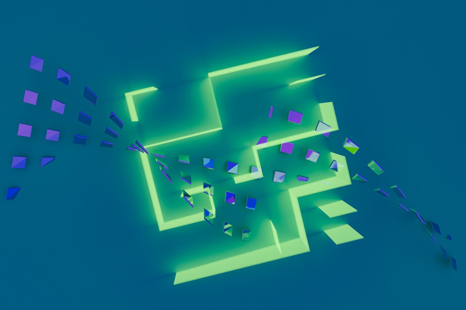 Composición abstracta tridimensional con formas geométricas e iluminación de neón.