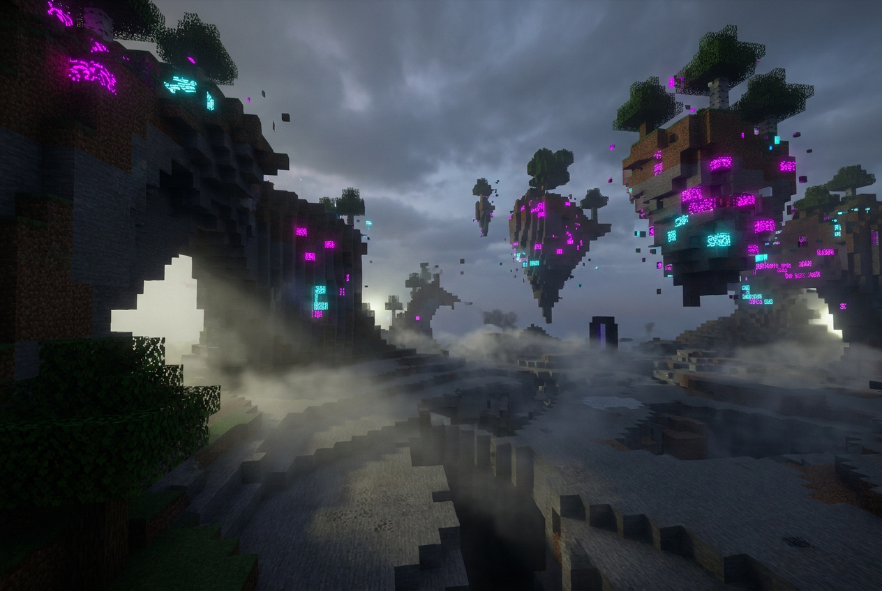 Paisaje de Minecraft corrupto con bloques flotantes, errores de texturas neón y niebla espesa.