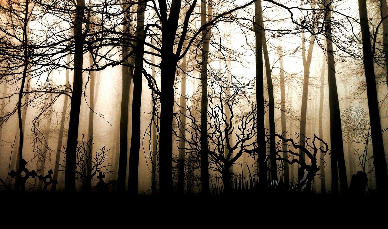 Bosque oscuro con niebla densa y lápidas, representando la atmósfera opresiva de supervivencia.