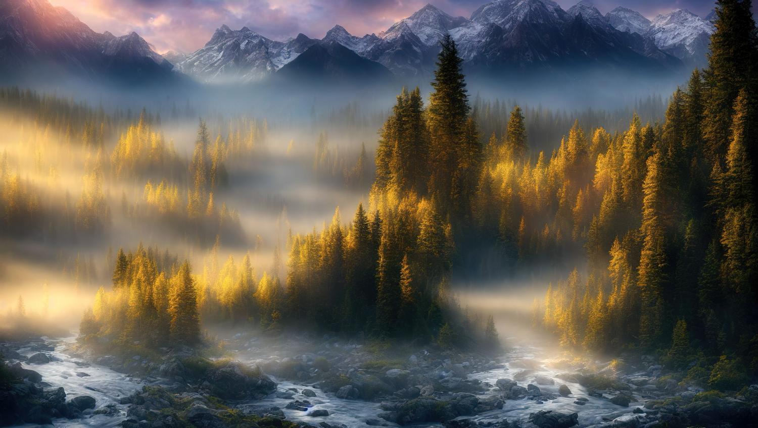 Paisaje épico de montañas y bosques con niebla, evocando la calidad visual de un RPG moderno de alta gama.