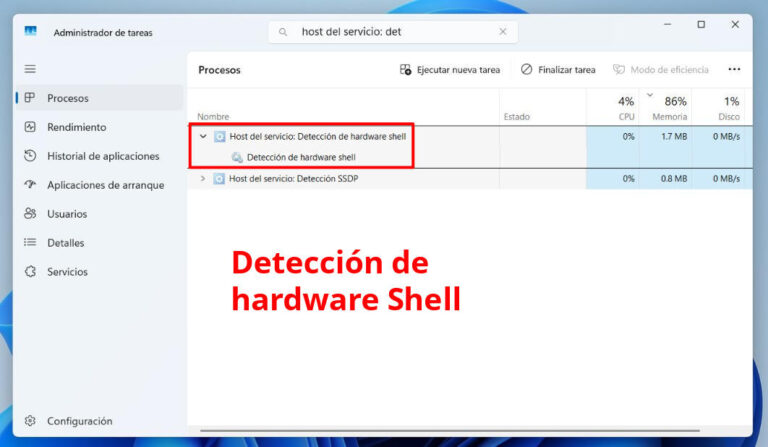 Host del servicio: Detección de hardware shell