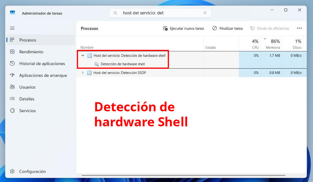 Host del servicio: Detección de hardware shell