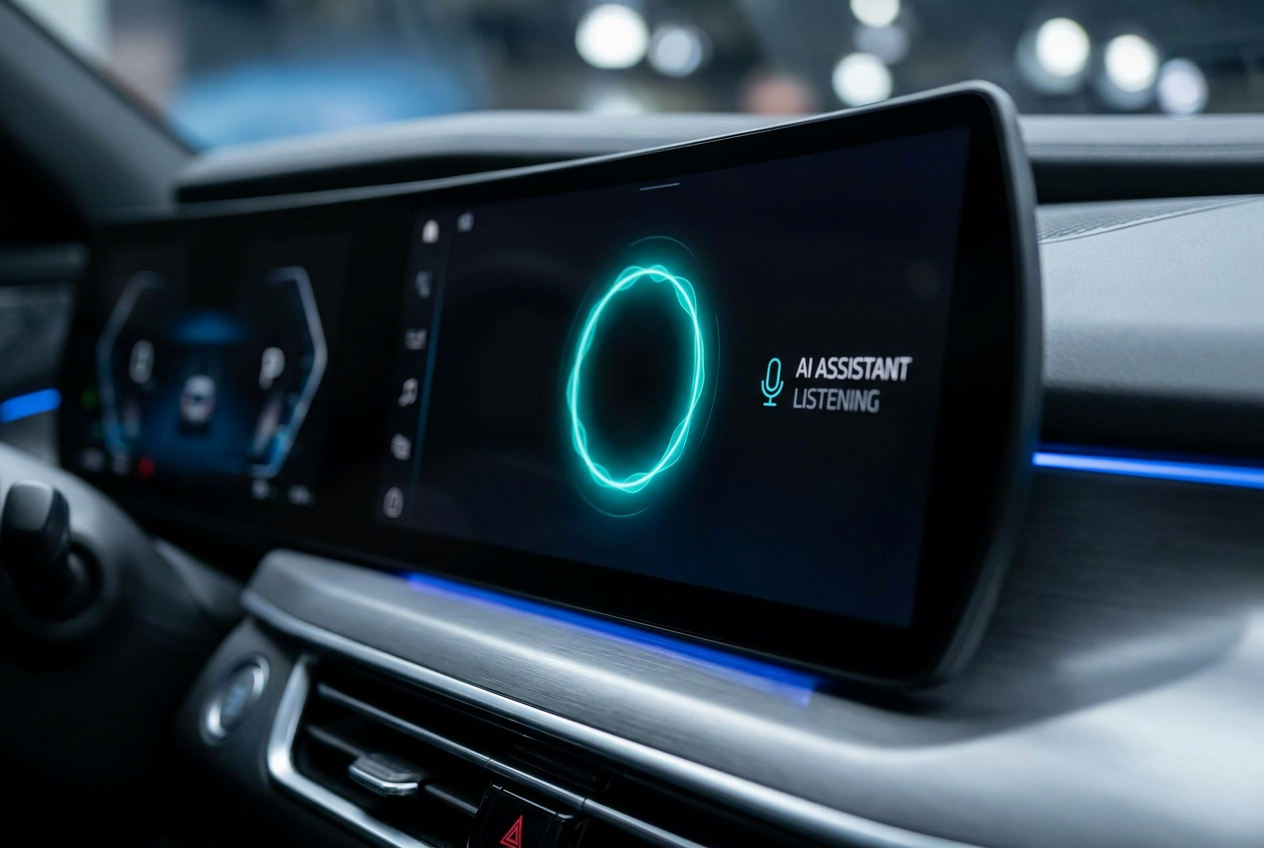 Primer plano de una pantalla de coche con una interfaz de asistente de voz AI mostrando una onda circular brillante.