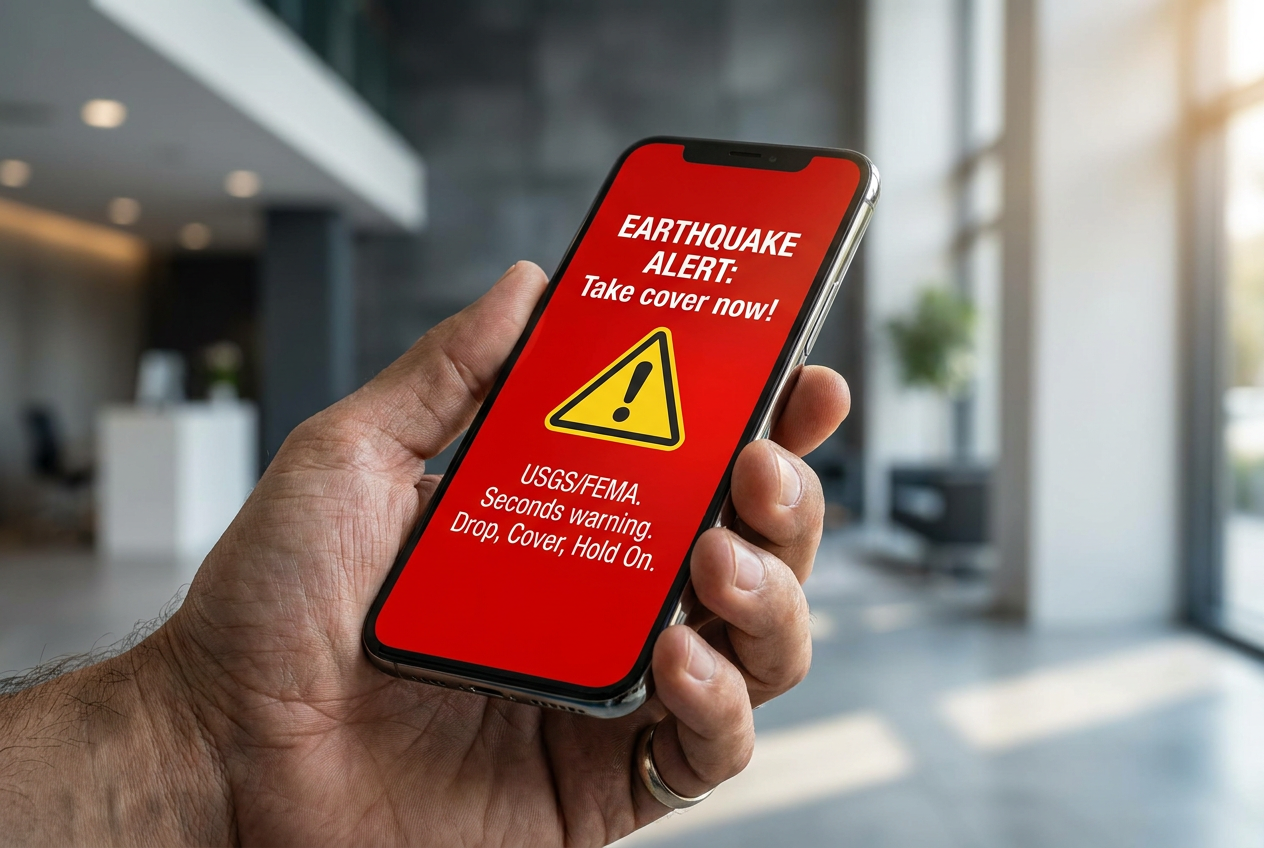 Teléfono móvil con un aviso de terremoto en pantalla.