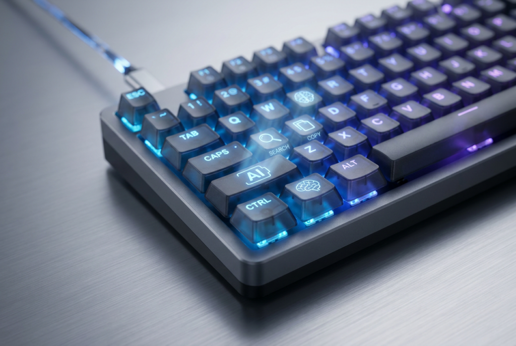 Primer plano de un teclado mecánico moderno con iluminación LED azul y violeta, representando la tecnología de atajos de teclado y productividad con IA.