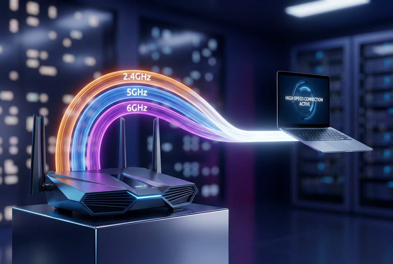 Ilustración de varios enlaces inalámbricos entre un router y un dispositivo.