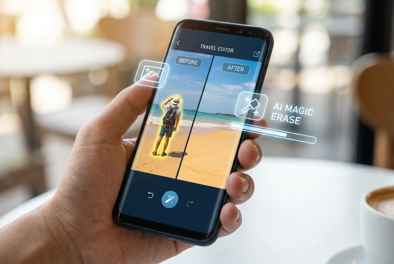 Primer plano de una mano sosteniendo un smartphone donde se muestra una herramienta de IA eliminando un objeto no deseado de una fotografía de playa, ilustrando la edición inteligente.