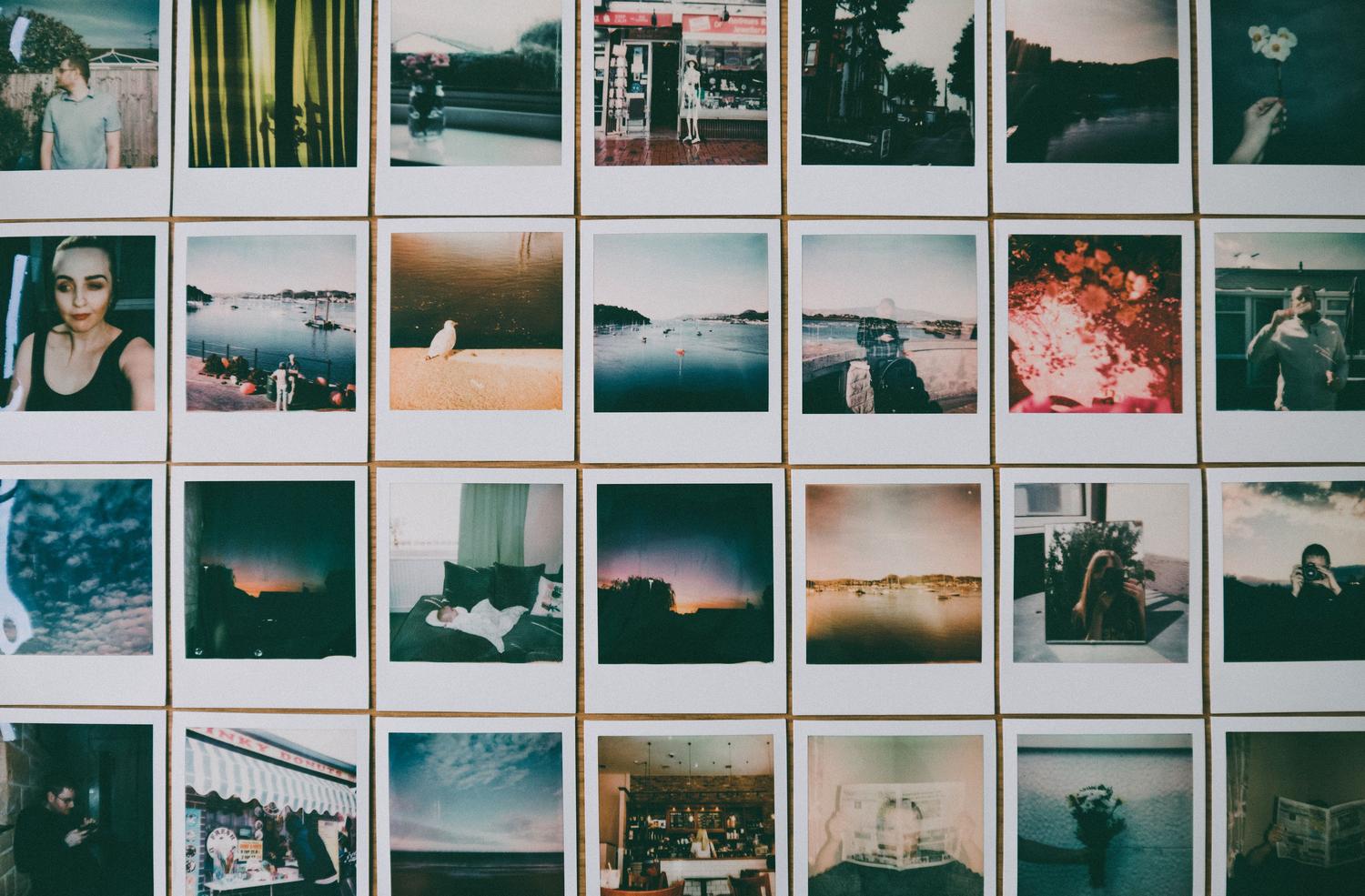 Artistic collage of vintage-style Polaroid photographs showing various memories and landscapes, illustrating the collage feature.