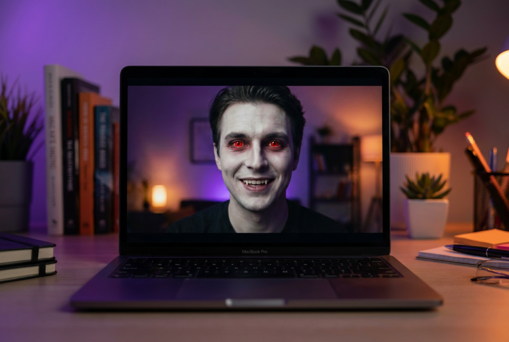 Primer plano de una pantalla de portátil en una videollamada donde se ve a una persona con un filtro digital de vampiro con ojos rojos brillantes.