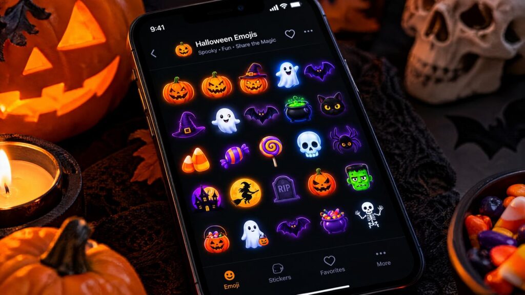 Smartphone sobre una mesa decorada para Halloween mostrando emojis festivos en la pantalla.