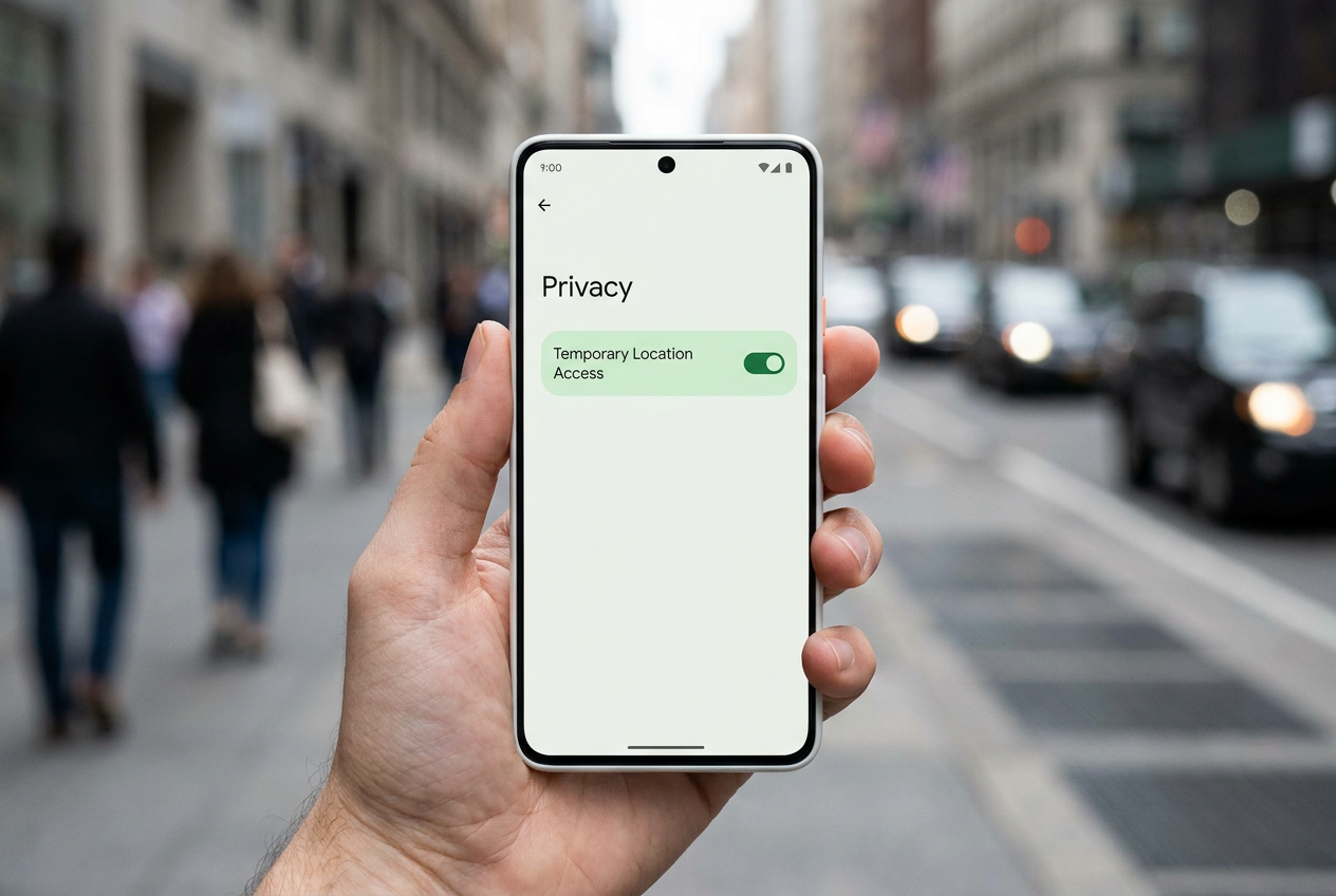 Ilustración de un móvil con un control de acceso temporal a la ubicación en Android 17.